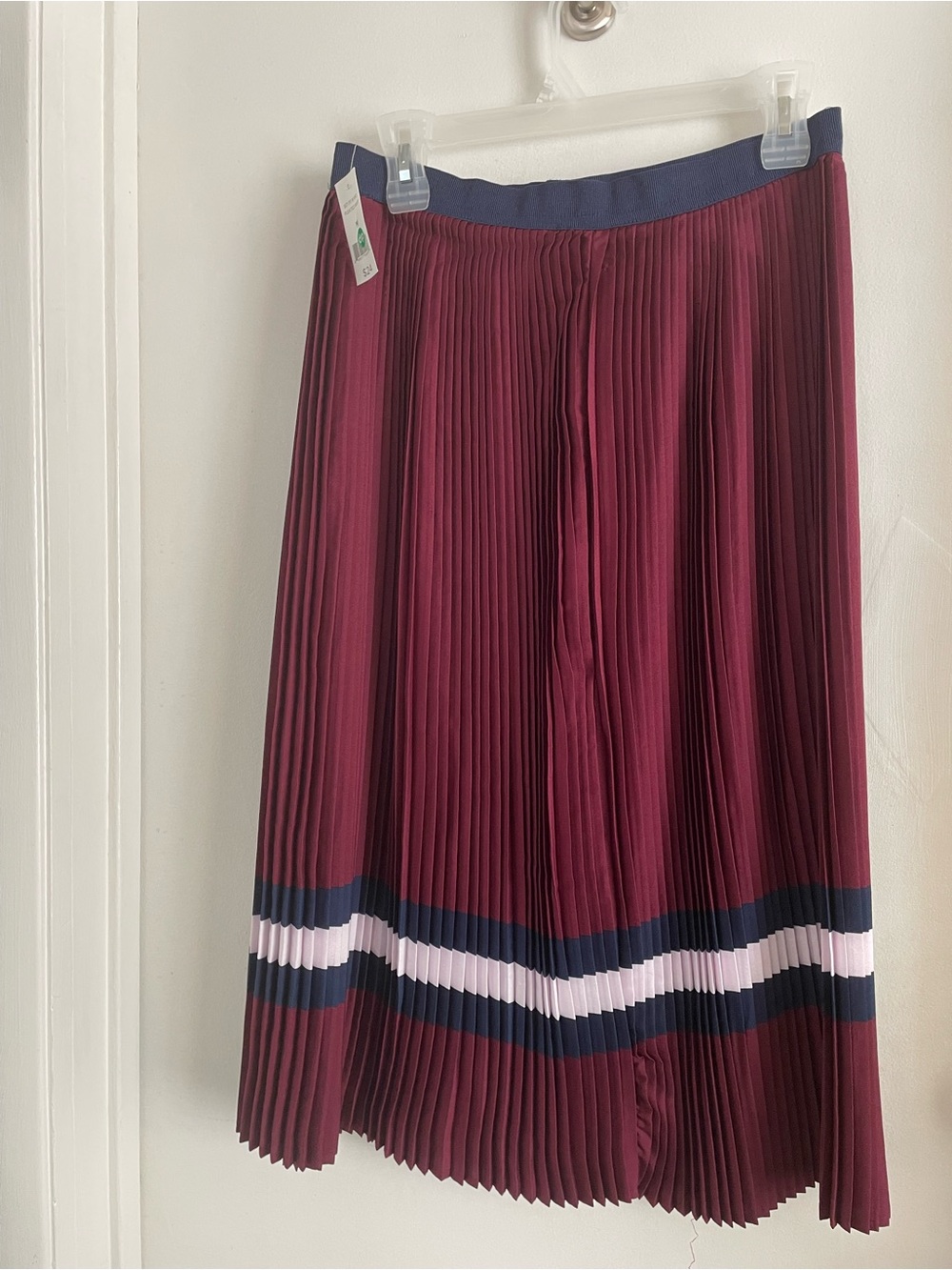 dip Pleated Burgundy Midi Skirt with Navy & Light Pink Stripes